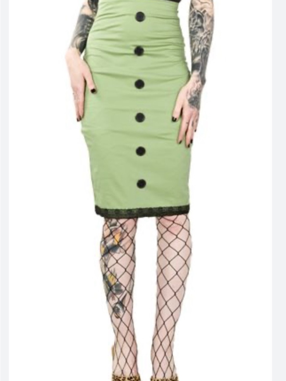 NWOT ROCKSTEADY Green Pencil Skirt with Black Lace Trim